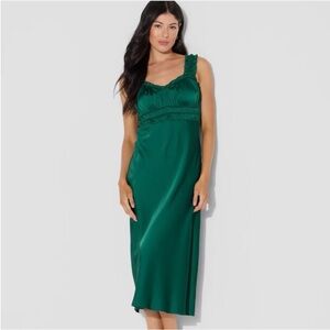 Emerald Satin Slip Nightgown with Lace Trim